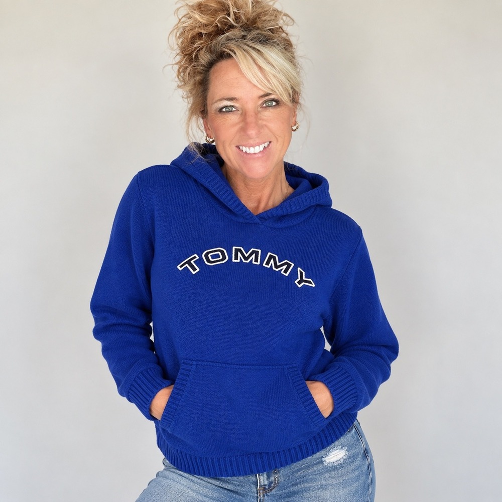 Tommy Hilfiger Vintage Knit Hoodie Sweater Logo Embroidery Blue Women Large L